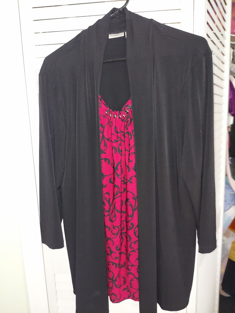 croft & barrow Black Open-Front Cardigan with Fuchsia Scroll-Print Shell